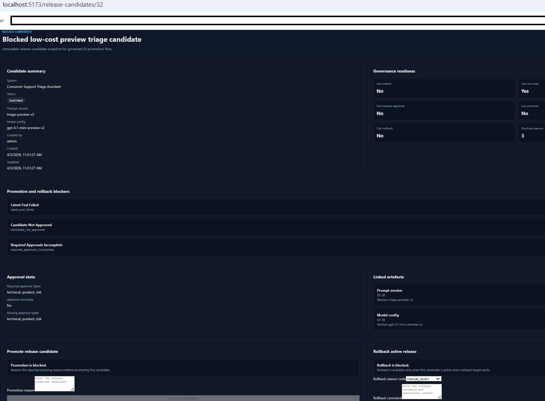 AI Model Governance Workbench screen showing blocked release candidate and approval controls
