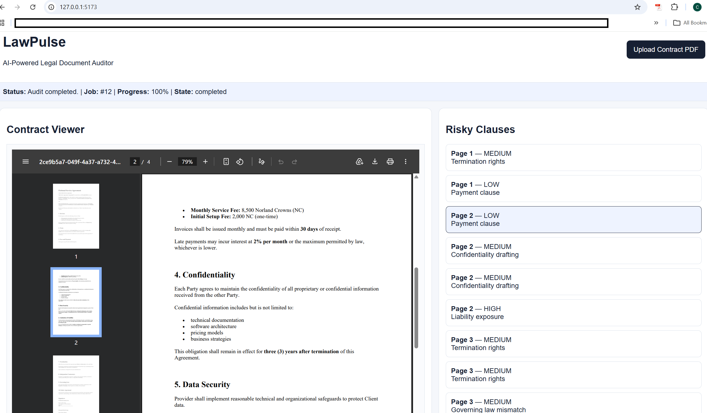 LawPulse contract review interface with selected clause details visible