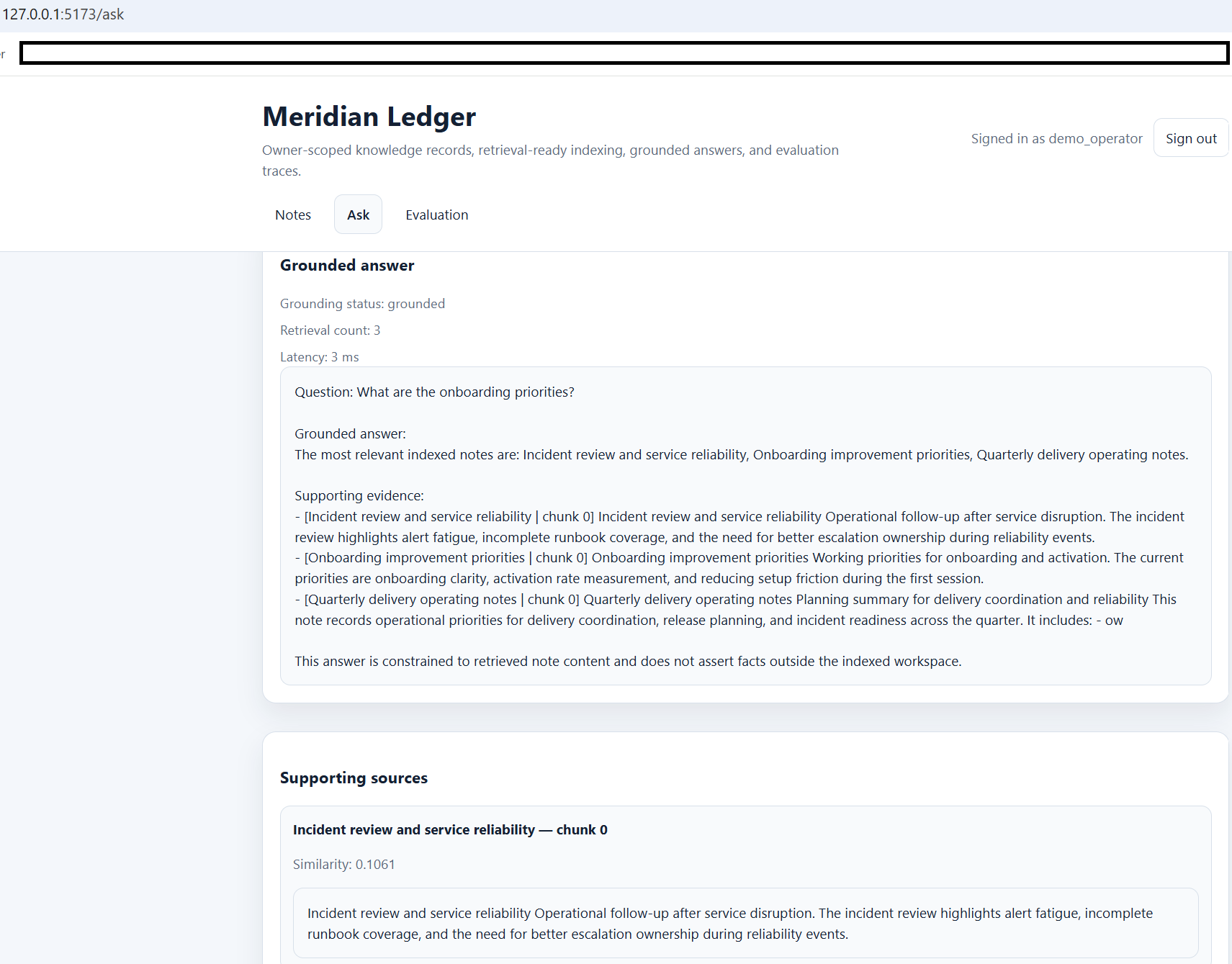 Meridian Ledger grounded answer view showing retrieved sources and answer output